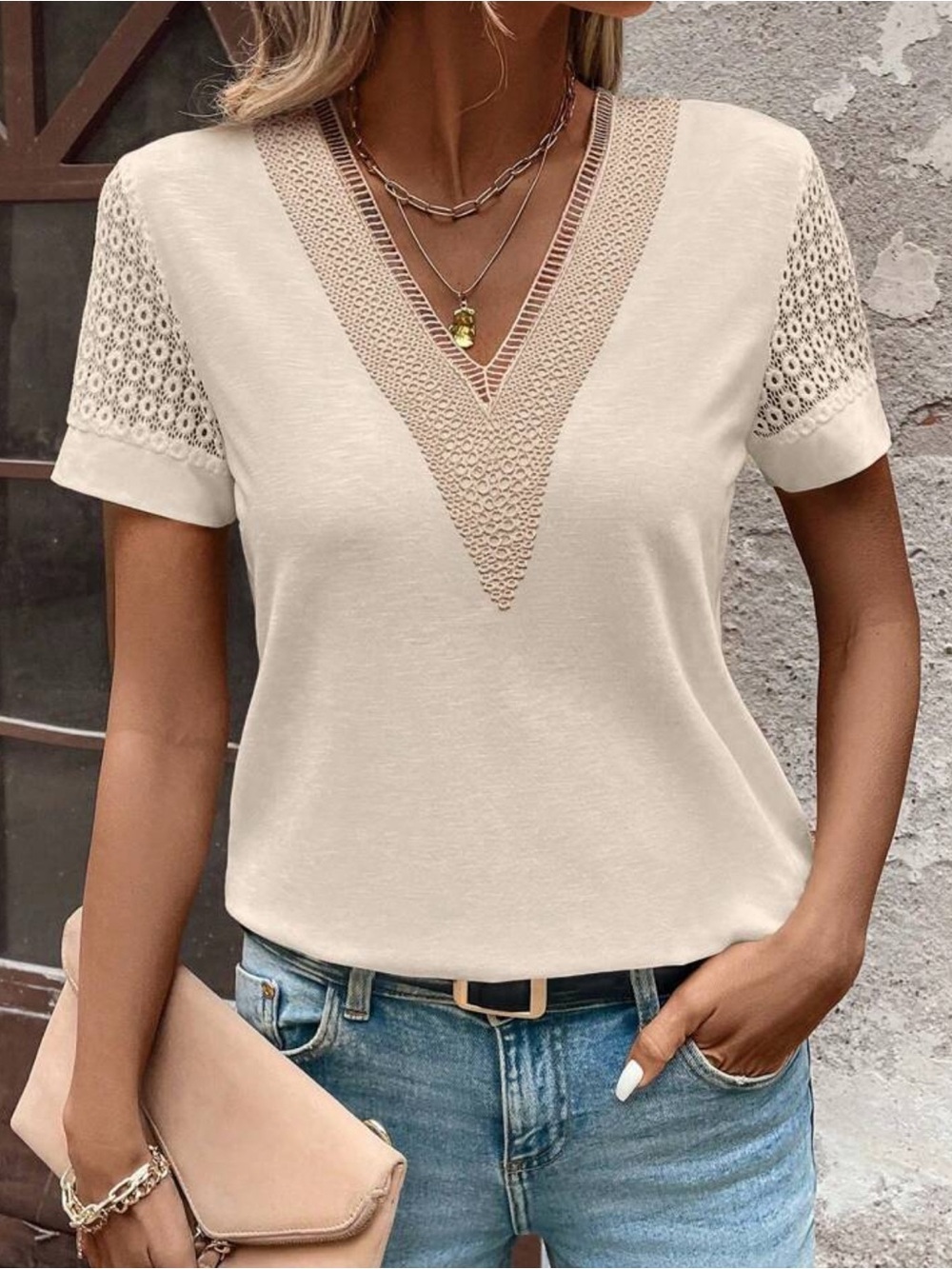 Women’s Lace-Inset V-Neck Top in Cream
